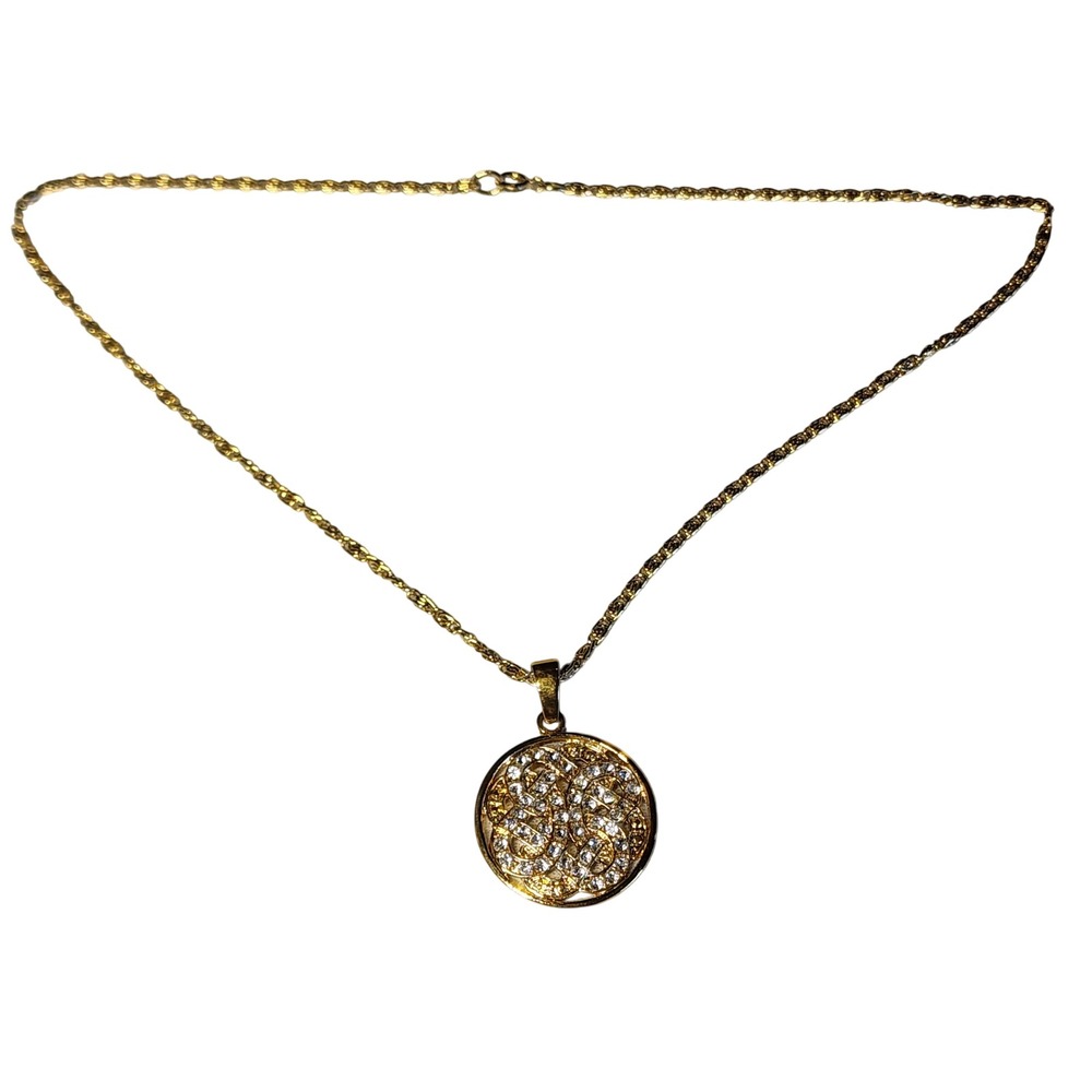 Roman‎ Pendant Necklace Gold Tone Rhinestone Celtic Knot Vintage Openwork